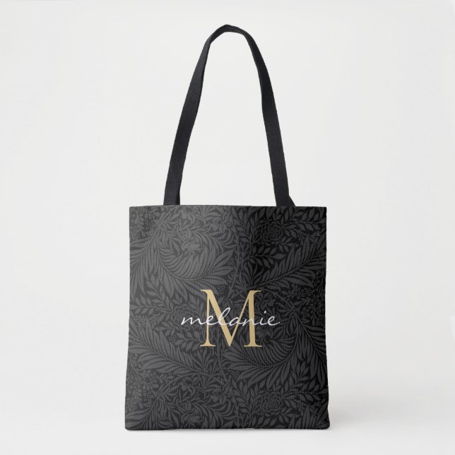 Elegant Black Floral Gold Script Monogram Tote Bag (Front)