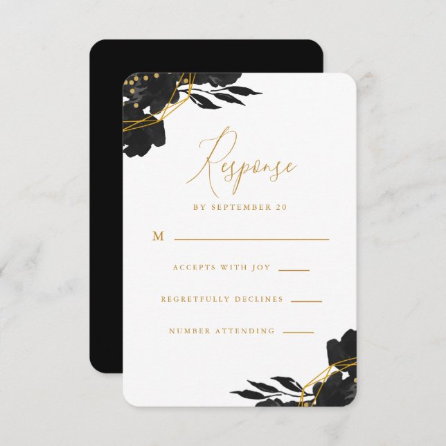 Elegant Black Floral Gold Wedding Rsvp (Front/Back)