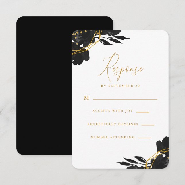 Elegant Black Floral Gold Wedding Rsvp Card (Front/Back)