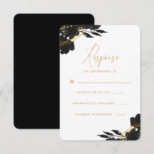Elegant Black Floral Gold Wedding Rsvp Card