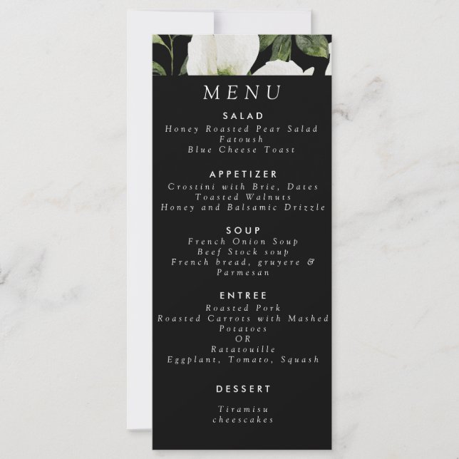 Elegant Black Floral Greenery Lily Menu Wedding Invitation (Front)