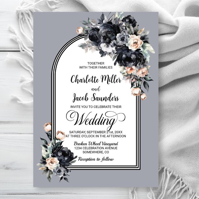 Elegant Black Floral Grey Arch Wedding Invitation (Creator Uploaded)