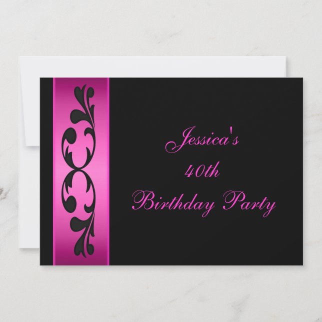 Elegant Black Floral Hot Pink Party Invitation (Front)