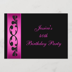 Elegant Black Floral Hot Pink Party Invitation