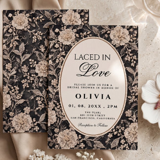 Elegant Black Floral Laced In Love Bridal Shower Invitation