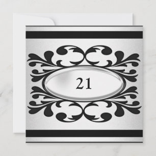 Elegant Black Floral Light Silver 21st Birthday Invitation
