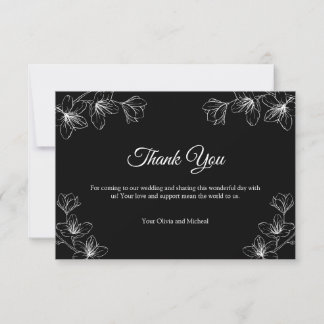 Elegant Black Floral Line Art Wedding Thank You Card