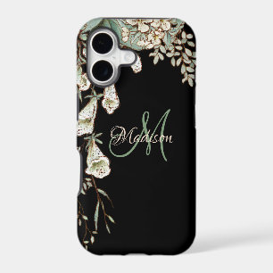 Elegant Black Floral Name Initial Personalised