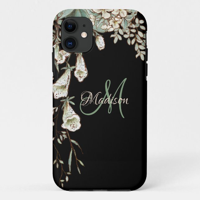 Elegant Black Floral Name Initial Personalised Case-Mate iPhone Case (Back)