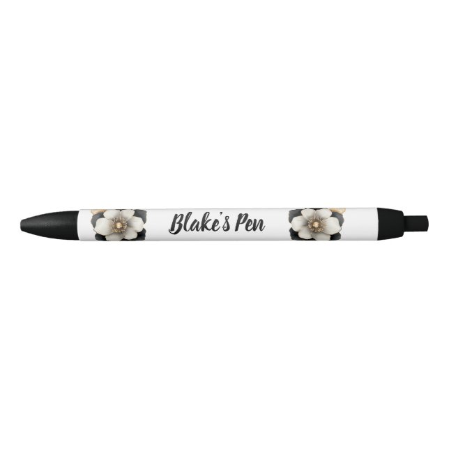 Elegant Black Floral Name Ink Pen (Front)