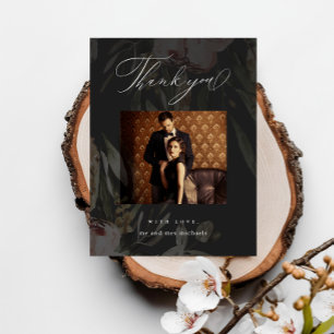 Elegant Black Floral Overlay Photo Wedding Thanks Postcard