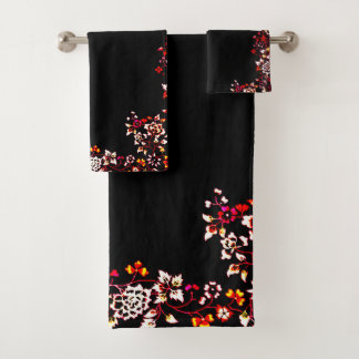 Elegant Black Floral Pattern Bath Towels