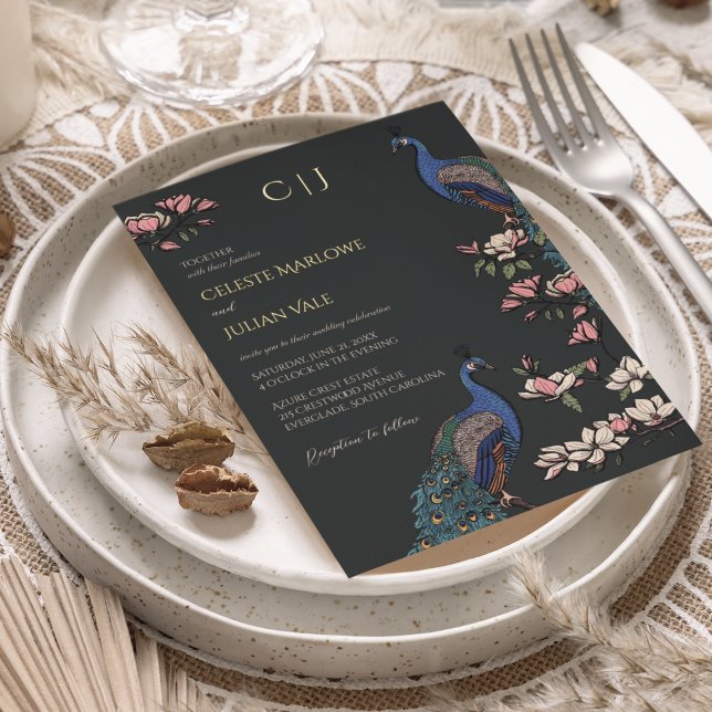 Elegant Black Floral Peacock Wedding Gold (Real Gold Foil Elegant Rustic Peacock on Magnolia Tree. Hand-Drawn Modern Chinoiserie Style in Black)