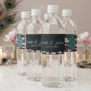 Elegant Black Floral Peacock Wedding Water Bottle Label