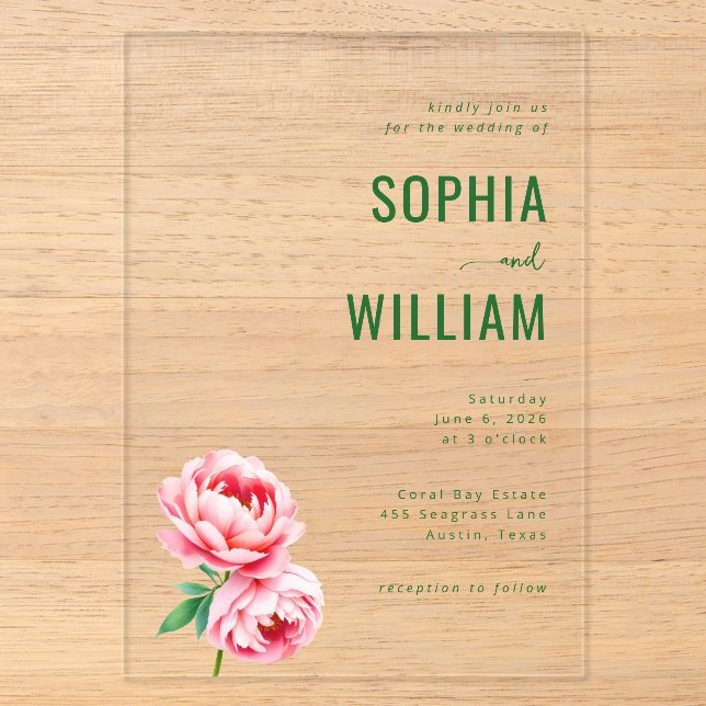 Elegant Black Floral Peonies Acrylic Invitations (Front)