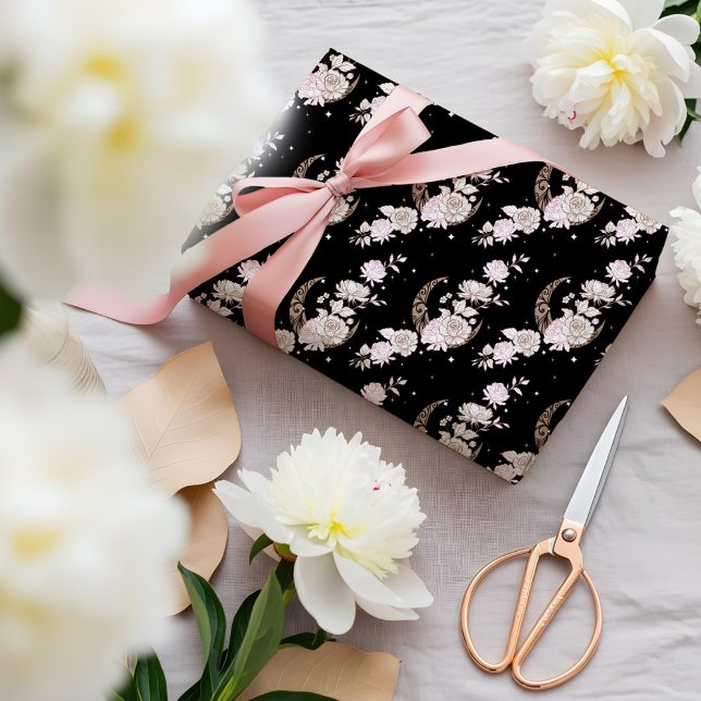 Elegant Black Floral Peony Celestial Moon & Stars Wrapping Paper (Elegant Black Floral Peony Celestial Moon & Stars Wrapping Paper)