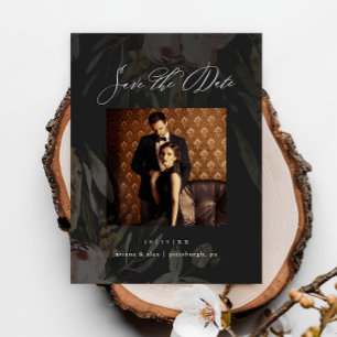 Elegant Black Floral Photo Wedding Save the Date Postcard