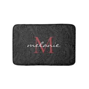 Elegant Black Floral Red Script Monogram Bath Mat