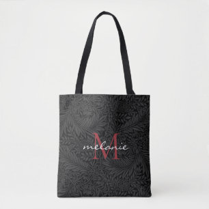 Elegant Black Floral Red Script Monogram Tote Bag