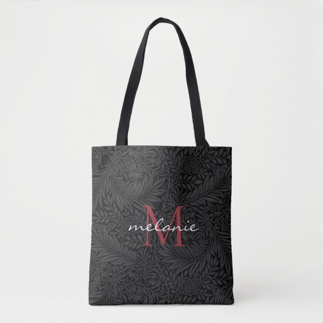 Elegant Black Floral Red Script Monogram Tote Bag (Front)