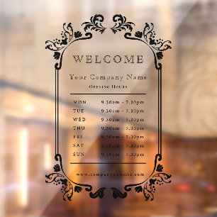 Elegant Black Floral Retro Business Opening Hours