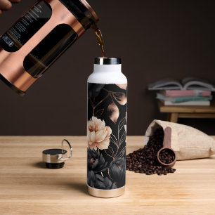 Elegant Black Floral Roses Pattern Gold Leaves Water Bottle