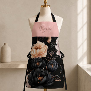 Elegant Black Floral Roses Pattern Monogram Name Apron