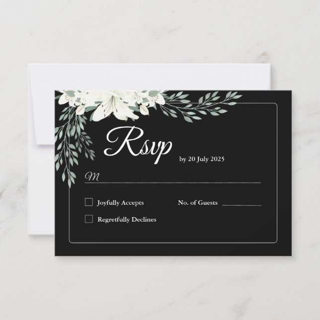 Elegant Black Floral RSVP Card with White Lily (Front)