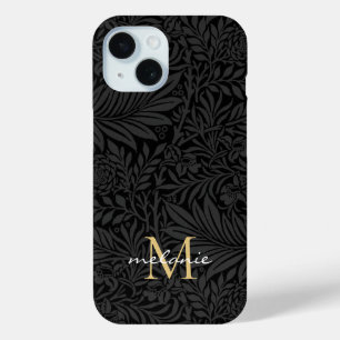 Elegant Black Floral Script Monogram iPhone 15 Case
