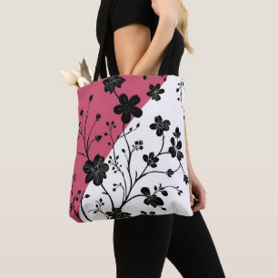 Elegant Black Floral Silhouette on Pink and White  Tote Bag