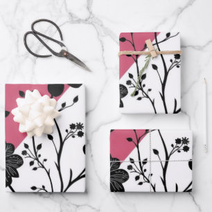 Elegant Black Floral Silhouette on Pink and White  Wrapping Paper Sheet