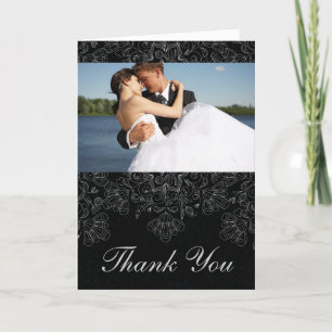 Elegant black floral swirl wedding photo thank you card