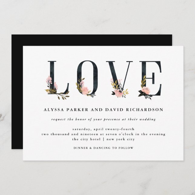 Elegant Black Floral Text | Love Wedding Invitation (Front/Back)