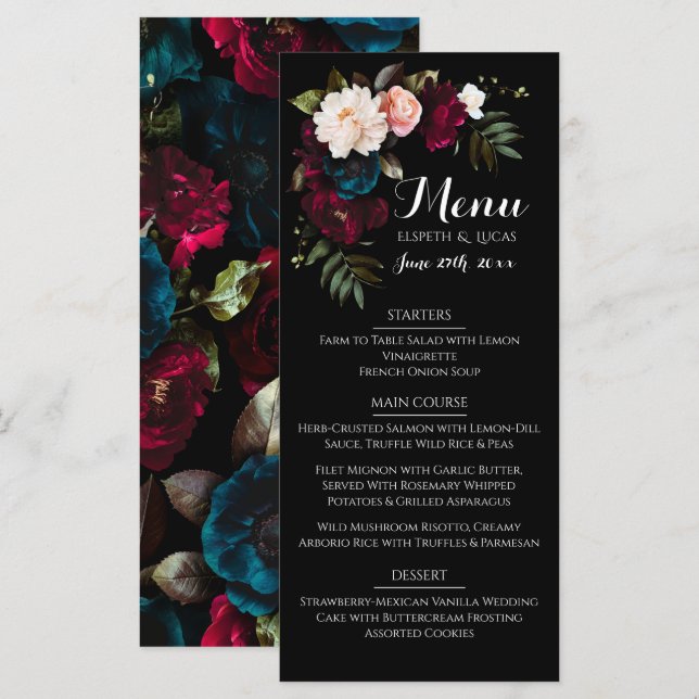 Elegant Black Floral Wedding Menu Template (Front/Back)
