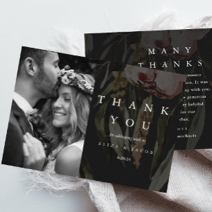Elegant Black Floral Wedding Photo Thank You Card
