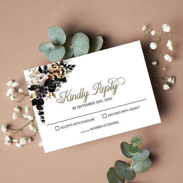 Elegant Black Floral Wedding RSVP Card (Creator Uploaded)