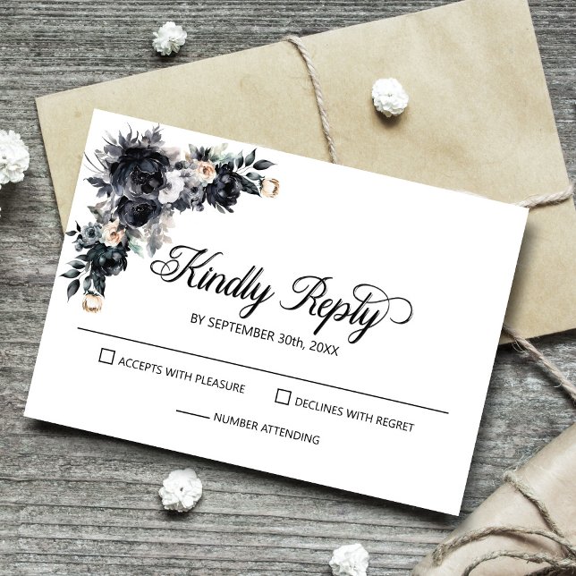 Elegant Black Floral Wedding RSVP Card (Creator Uploaded)