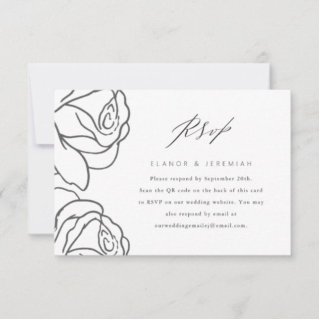 Elegant Black Floral Wedding RSVP with QR Code Card (Front)