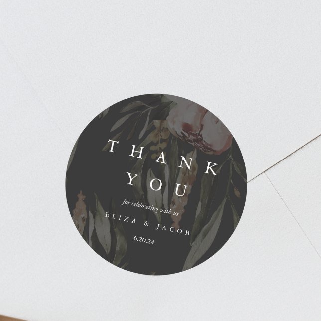 Elegant Black Floral Wedding Thank You Classic Round Sticker (Creator Uploaded)