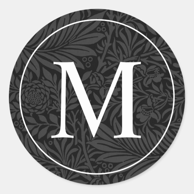 Elegant Black Floral White Monogram Envelope Seal (Front)
