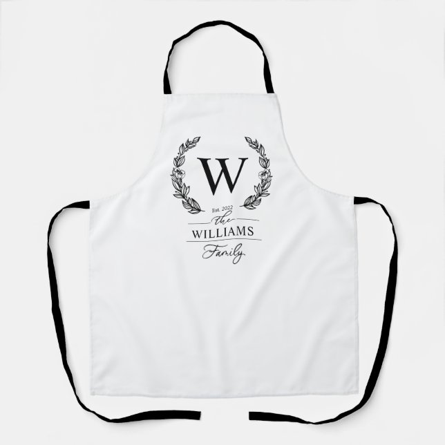 Elegant Black Floral Wreath Family Monogram Apron (Front)
