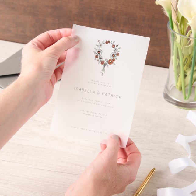 Elegant Black Floral Wreath Vellum Invitations (Handheld)