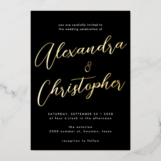 Elegant Black Flourish Calligraphy Wedding Gold (Front)