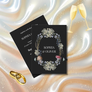 Elegant Black Flower and Mushroom Wreath Wedding  Invitation