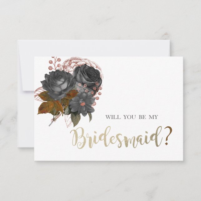 Elegant Black Flowers Bridesmaid Card (Front)