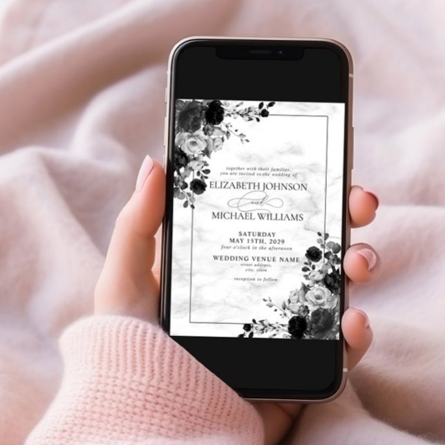 Elegant Black Flowers Watercolor Marble Wedding Invitation (Creator Uploaded)