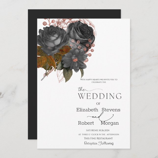 Elegant Black Flowers Wedding Invitation (Front/Back)