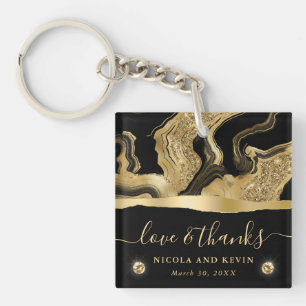 Elegant Black Foil and Gold Glitter Agate Wedding Key Ring