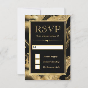 Elegant Black Foil and Gold Glitter Agate Wedding RSVP Card
