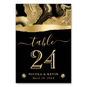 Elegant Black Foil and Gold Glitter Agate Wedding Table Number